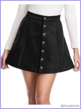 Faux Suede Mini Skirt Button Front High Waist A-Line Flare